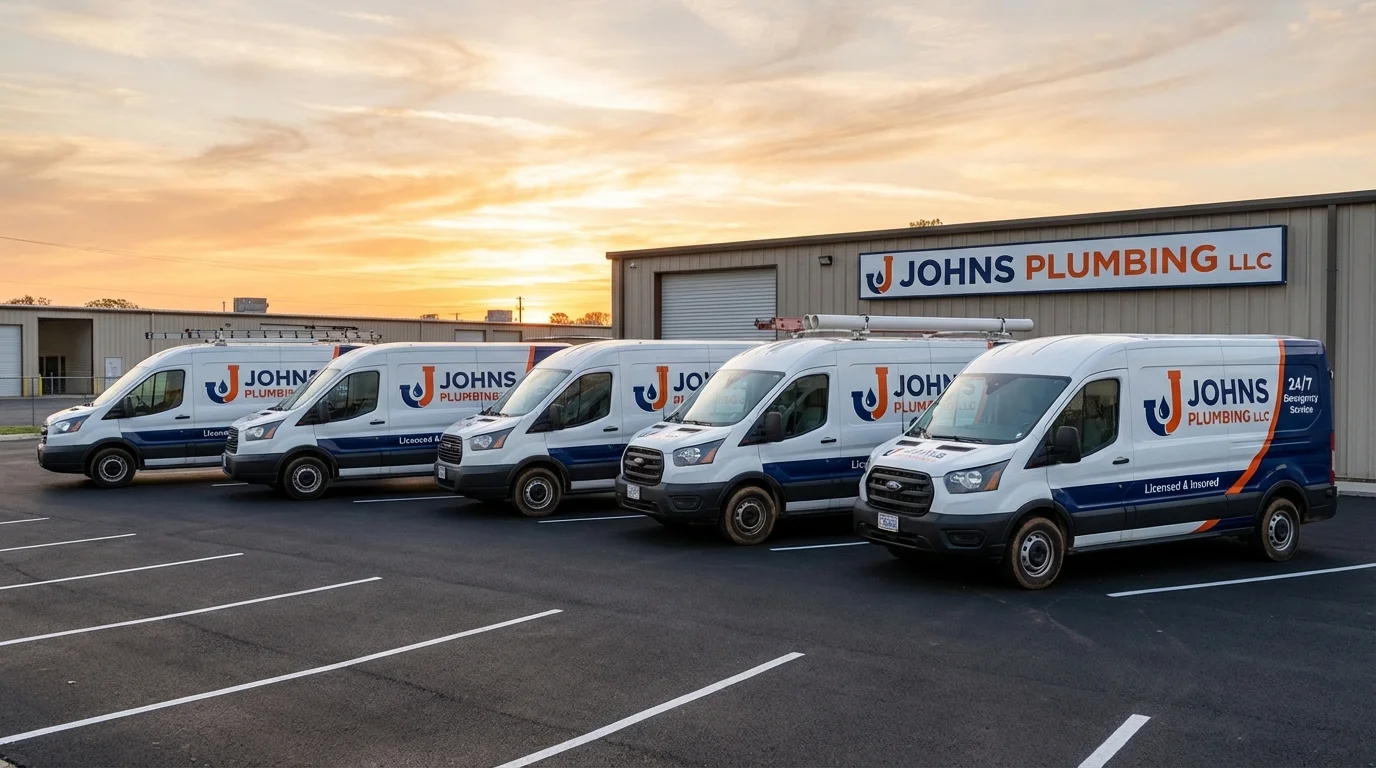Johns Plumbing LLC fleet of service vans ready for dispatch across Georgia